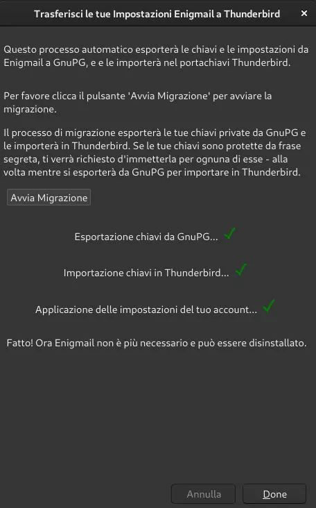 Avvia migrazione Enigmail a Thunderbird 78