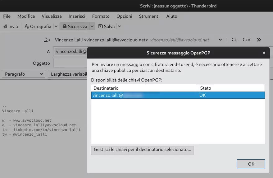 Disponibilità chiave pubblica destinatario Thunderbird