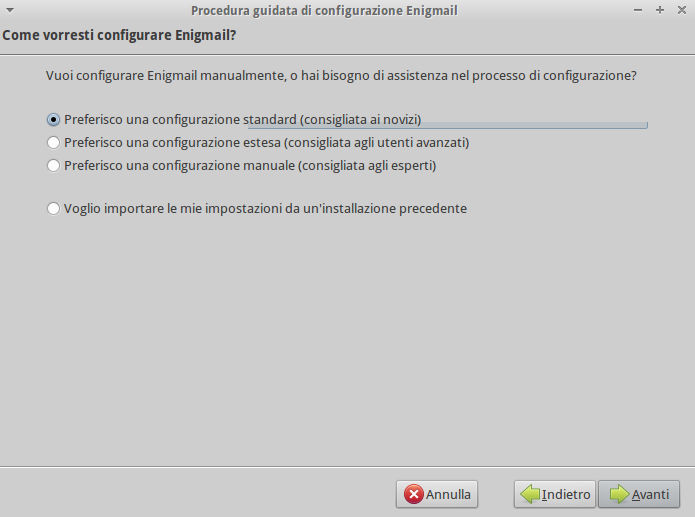 Procedura di configurazione standard di Enigmail